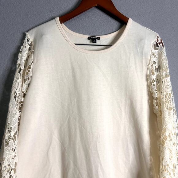 Hannah Womens Large Shirt Cream Crochet Sleeves BOHO Cottagecore Unique Artsy - Picture 2 of 10